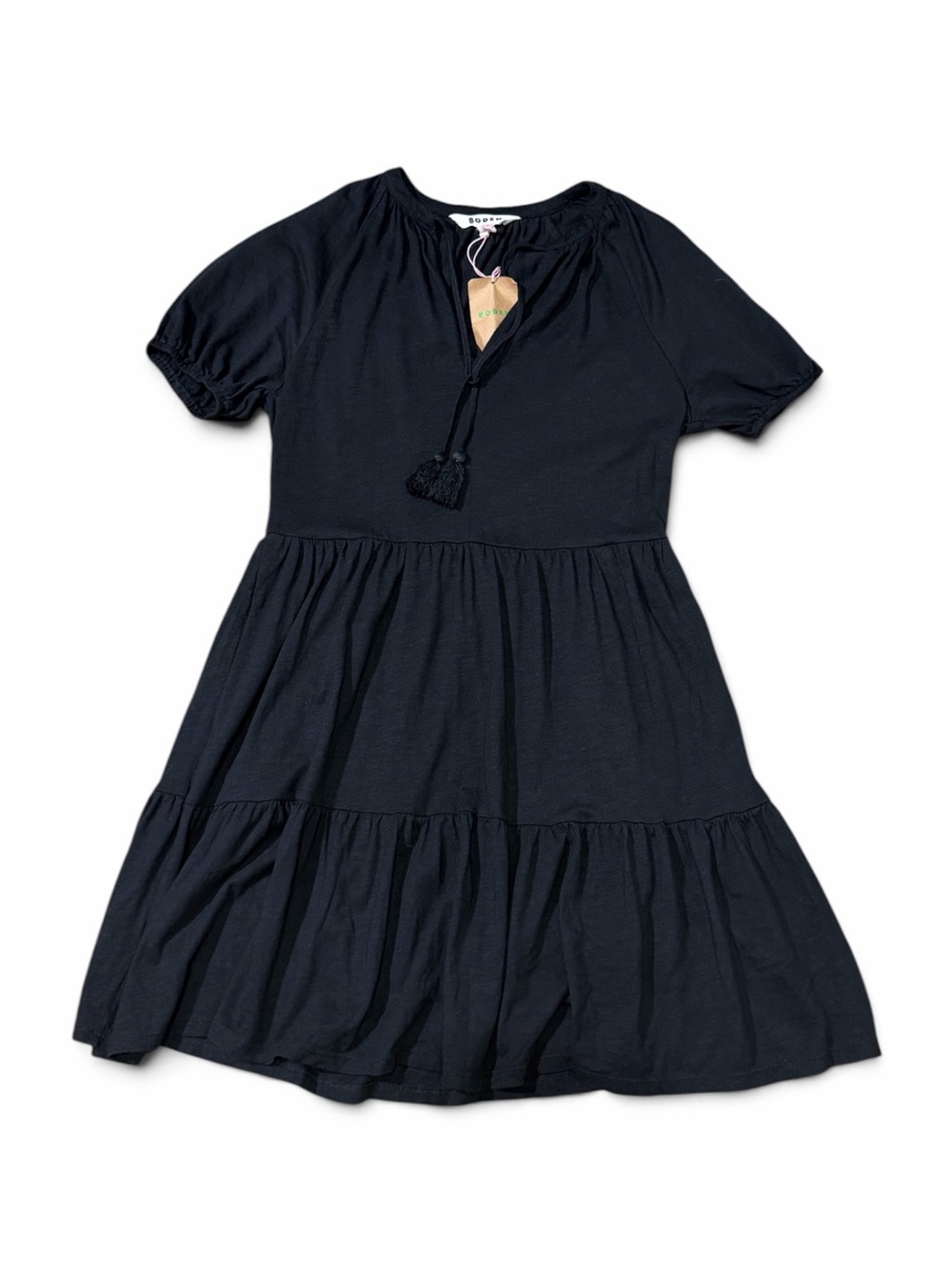 NWT Boden Black Tiered Jersey Mini Dress Tassel V-Neck Puff Sleeve 2R